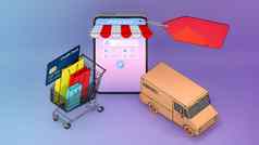 色彩鲜艳的纸购物袋信贷卡车卡车的出现智能手机屏幕在线移动应用程序订单运输服务购物在线交付概念呈现