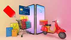 色彩鲜艳的纸购物袋信贷卡车踏板车出现智能手机屏幕概念快交付服务购物在线插图对象剪裁路径