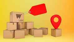 包裹盒子价格标签红色的指针在线移动应用程序订单运输服务购物在线交付概念呈现