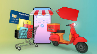 购物袋价格标签信贷卡购物车踏板车出现智能手机屏幕概念快交付服务购物在线插图对象剪裁路径