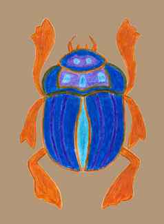 蓝色的圣甲虫孤立的米色背景古老的神圣的昆虫埃及文化错误象征太阳甲虫标识手画插图彩色的铅笔技术