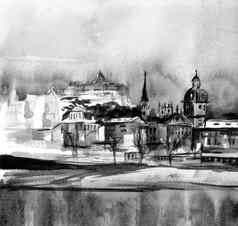 风景优美的全景小镇老斯坦斯德哥尔摩瑞典手绘插图水彩艺术灰色黑色的白色颜色单色卡
