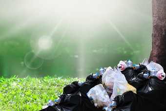 垃圾浪费堆垃圾塑料浪费黑色的垃圾袋河公园自然树阳光背景污染很多浪费塑料垃圾桩塑料袋浪费垃圾