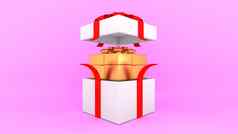 开放白色礼物盒子红色的丝带内部金盒子粉红色的背景最小的圣诞节newyear概念呈现