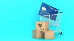 纸盒子信贷卡购物车绿色背景购物在线购物狂概念呈现