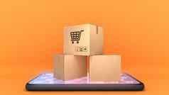 纸盒子移动电话橙色背景购物在线购物狂概念呈现