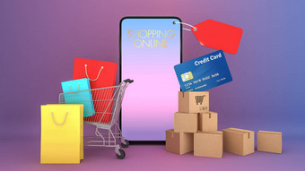 纸盒子色彩鲜艳的纸购物袋信贷卡购物车出现智能手机屏幕购物在线购物狂概念呈现