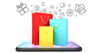 色彩鲜艳的纸购物袋移动电话购物图标白色背景购物在线购物狂概念呈现
