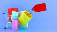 色彩鲜艳的纸购物袋购物车价格标签蓝色的背景购物情人购物狂概念呈现