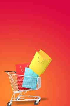 色彩鲜艳的纸购物袋购物车红色的背景购物情人购物狂概念呈现