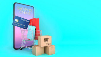 纸盒子色彩鲜艳的纸购物袋信贷卡购物车出现智能手机屏幕购物在线购物狂概念呈现