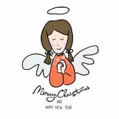 天使快乐圣诞节快乐一年卡通向量插图涂鸦风格