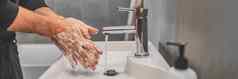 电晕病毒旅行预防洗手肥皂热水手卫生冠状病毒爆发保护洗手经常概念全景横幅头