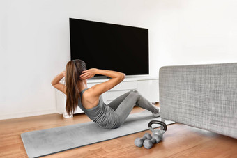 首页健身锻炼类生活流在线女人强度培训ABS仰卧起坐体<strong>重地</strong>板上练习看视频聪明的生活房间公寓