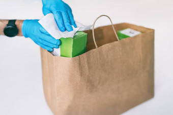 消毒食物首页交付消毒包在线购物袋消毒湿巾消毒表面包食品杂货手套科维德预防措施卫生