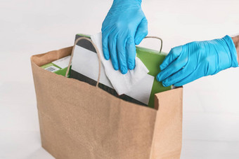 消毒表面包食物交付杂货店购物袋手套消毒湿巾首页科维德预防措施卫生