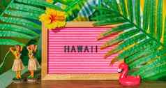 夏威夷旅行复古的标志草裙舞跳舞娃娃粉红色的火烈鸟玩具浮动塑料棕榈树叶子媚俗董事会夏威夷假期夏天假期背景