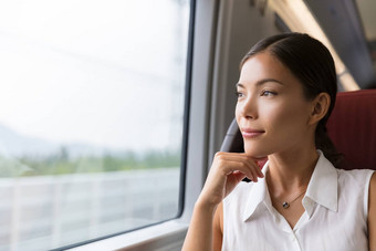 亚洲女人<strong>旅行</strong>者考虑户外视图窗口火车年轻的夫人上下班<strong>旅行</strong>工作<strong>坐</strong>着公共汽车火车