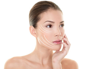 脸电梯治疗反老化护肤品美女人概念皮肤护理亚洲模型触碰脸提升箭头行整容设计肖像工作室孤立的白色背景