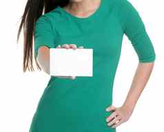 业务卡人持有空白标志显示空复制空间文本广告绿色t恤年轻的女人工作室白色背景