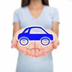 车业务女人女人显示设计概念车租赁保险护理小蓝色的汽车运输租赁开放手生态友好的环境电混合动力汽车保险概念