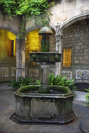 院子里喷泉花园巴塞罗那城市