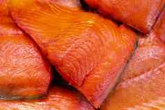关闭视图一块冷烟熏咸太平洋红色的鱼奇努克大马哈鱼准备即食太平洋海鲜王大马哈鱼亚洲美味厨房