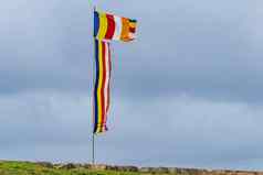 佛教旗帜飞行强大的沿海风