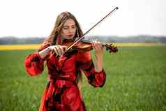 年轻的女人红色的衣服玩小提琴绿色草地图像