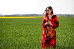 年轻的女人红色的衣服玩小提琴绿色草地图像