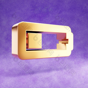 <strong>季度</strong>电池图标黄金光滑的电池象征孤立的紫罗兰色的天鹅绒背景