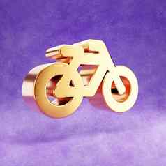 自行车图标黄金光滑的自行车象征孤立的紫罗兰色的天鹅绒背景