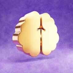 大脑图标黄金光滑的大脑象征孤立的紫罗兰色的天鹅绒背景