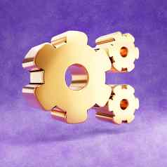 齿轮轮子图标黄金光滑的齿轮轮子象征孤立的紫罗兰色的天鹅绒背景