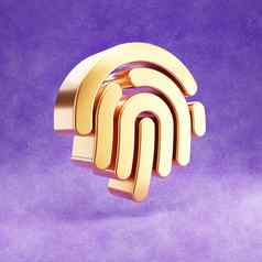 指纹图标黄金光滑的指纹象征孤立的紫罗兰色的天鹅绒背景