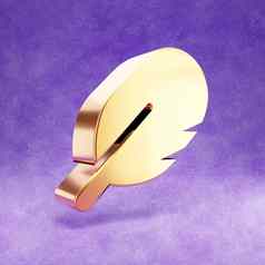 羽毛图标黄金光滑的羽毛象征孤立的紫罗兰色的天鹅绒背景