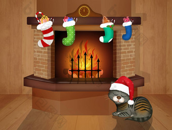 猫前面壁炉圣诞<strong>节</strong>