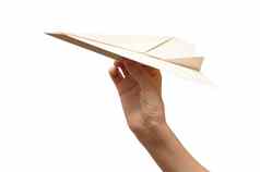 女人扔白色纸飞机孤立的白色背景