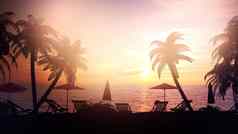 度假胜地区域棕榈树明亮的日落