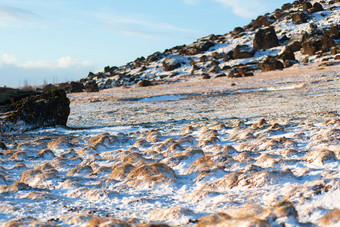 场冻熔岩杂草丛生的莫斯脚山冰岛冬天冬天自然景观