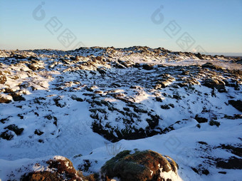 冬天景观冰岛场固化熔岩覆盖莫斯覆盖雪