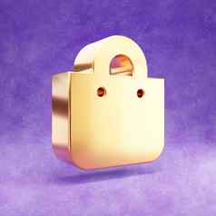 购物袋图标黄金光滑的购物袋象征孤立的紫罗兰色的天鹅绒背景