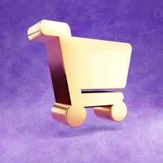 购物车图标黄金光滑的购物车象征孤立的紫罗兰色的天鹅绒背景