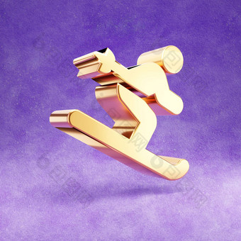 滑雪图标黄金光滑的滑雪象征孤立的紫罗兰色的天鹅绒背景