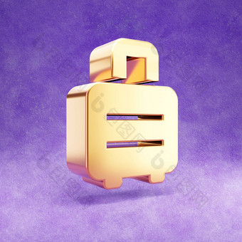 手提箱滚动图标黄金光滑的手提箱滚动象征孤立的紫罗兰色的天鹅绒背景