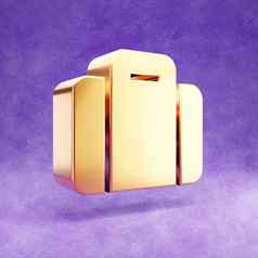 手提箱图标黄金光滑的手提箱象征孤立的紫罗兰色的天鹅绒背景