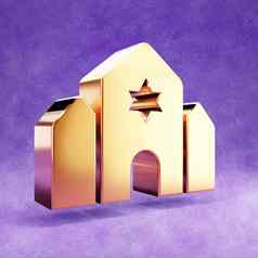 会堂图标黄金光滑的会堂象征孤立的紫罗兰色的天鹅绒背景