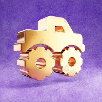 怪物卡车图标黄金光滑的怪物卡车象征孤立的紫罗兰色的天鹅绒背景
