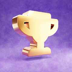 奖杯图标黄金光滑的奖杯象征孤立的紫罗兰色的天鹅绒背景