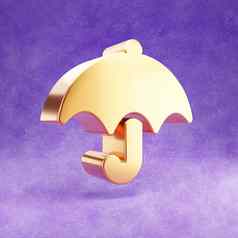 伞图标黄金光滑的伞象征孤立的紫罗兰色的天鹅绒背景